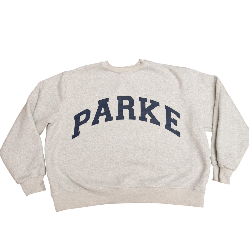 Parke Crewneck Sweatshirt Heather Grey Navy Blue Logo L/XL Oversized Cropped